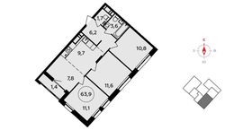Планировка 4-комнатной квартиры, 63,9 м2