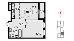 Планировка 2-комнатной квартиры, 38,6 м2