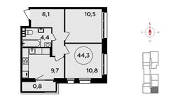 Планировка 2-комнатной квартиры, 44,3 м2