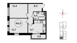 Планировка 2-комнатной квартиры, 48 м2