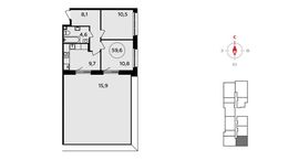 Планировка 2-комнатной квартиры, 59,6 м2