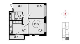 Планировка 2-комнатной квартиры, 44 м2