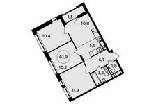 Планировка 3-комнатной квартиры, 61,9 м2