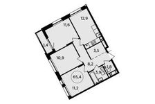 Планировка 3-комнатной квартиры, 65,4 м2