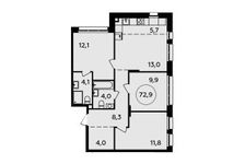 Планировка 3-комнатной квартиры, 72,9 м2