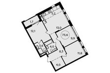 Планировка 3-комнатной квартиры, 73,6 м2