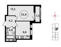Планировка 1-комнатной квартиры, 32,6 м2