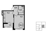 Планировка 1-комнатной квартиры, 34,5 м2