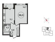 Планировка 1-комнатной квартиры, 38 м2