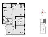 Планировка 4-комнатной квартиры, 74,2 м2
