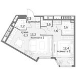 Планировка 2-комнатной квартиры, 49,2 м2