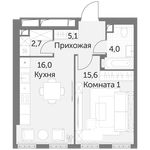 Планировка 1-комнатной квартиры, 43,4 м2