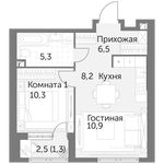 Планировка 1-комнатной квартиры, 42,5 м2