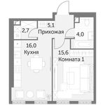 Планировка 1-комнатной квартиры, 43,4 м2