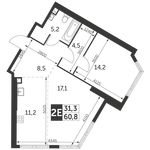 Планировка 2-комнатной квартиры, 60,7 м2