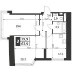 Планировка 2-комнатной квартиры, 63,9 м2