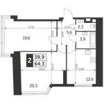 Планировка 2-комнатной квартиры, 64,3 м2