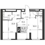 Планировка 2-комнатной квартиры, 64,2 м2