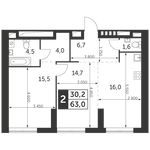 Планировка 2-комнатной квартиры, 63 м2