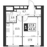 Планировка 1-комнатной квартиры, 42 м2