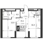 Планировка 2-комнатной квартиры, 64,2 м2