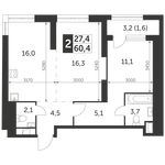 Планировка 2-комнатной квартиры, 60,4 м2