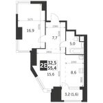 Планировка 2-комнатной квартиры, 55,4 м2