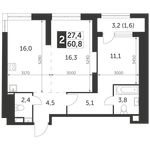 Планировка 2-комнатной квартиры, 60,8 м2