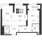 Планировка 2-комнатной квартиры, 61 м2