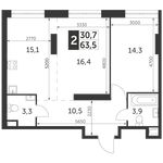 Планировка 2-комнатной квартиры, 63,5 м2