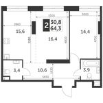 Планировка 2-комнатной квартиры, 64,3 м2