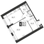 Планировка 1-комнатной квартиры, 56 м2