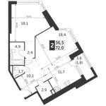 Планировка 2-комнатной квартиры, 72 м2