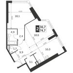 Планировка 2-комнатной квартиры, 74,7 м2