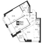 Планировка 3-комнатной квартиры, 75,1 м2