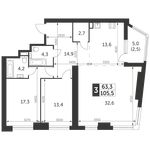 Планировка 3-комнатной квартиры, 105,5 м2