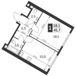 Планировка 1-комнатной квартиры, 45,7 м2