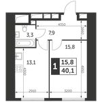 Планировка 1-комнатной квартиры, 40,1 м2
