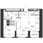 Планировка 2-комнатной квартиры, 59 м2