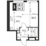 Планировка 1-комнатной квартиры, 34,3 м2