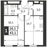 Планировка 1-комнатной квартиры, 43,1 м2