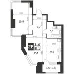 Планировка 2-комнатной квартиры, 55,1 м2