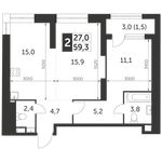 Планировка 2-комнатной квартиры, 59,3 м2