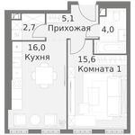 Планировка 1-комнатной квартиры, 43,4 м2