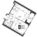 Планировка 1-комнатной квартиры, 43,4 м2