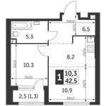 Планировка 1-комнатной квартиры, 42,5 м2
