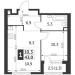 Планировка 1-комнатной квартиры, 43 м2