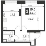 Планировка 1-комнатной квартиры, 43,9 м2