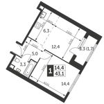 Планировка 1-комнатной квартиры, 43,1 м2