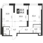 Планировка 2-комнатной квартиры, 64,6 м2